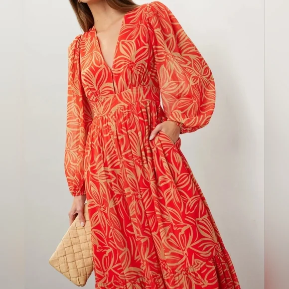 TOCCIN x RTR Women's Long-Sleeve V-Neck Printed Maxi Dress, Orange Tan Floral, 8 - Picture 7 of 17